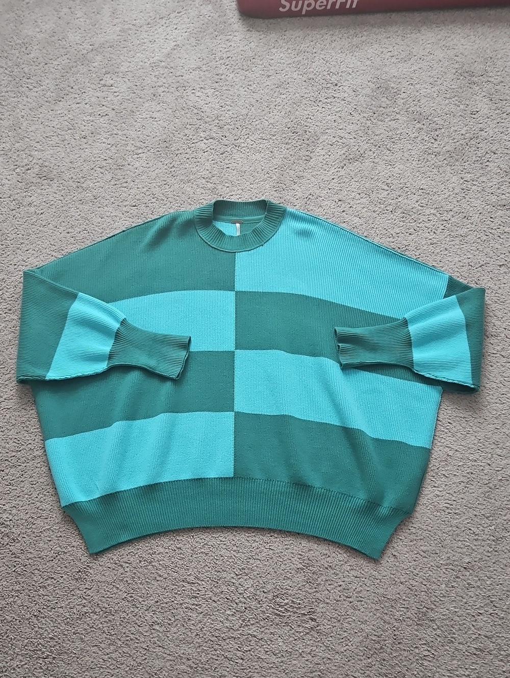 Free People Two-Tone Teal Block Crewneck Sweater